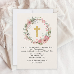Invitación Cruz Dorada Niña Rosa Floral Religioso Bautizo