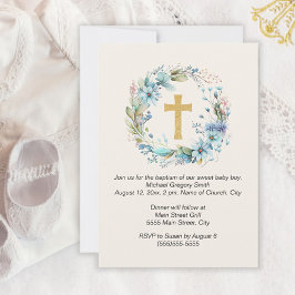 Invitación Cruz dorada niño azul floral religioso bautizo