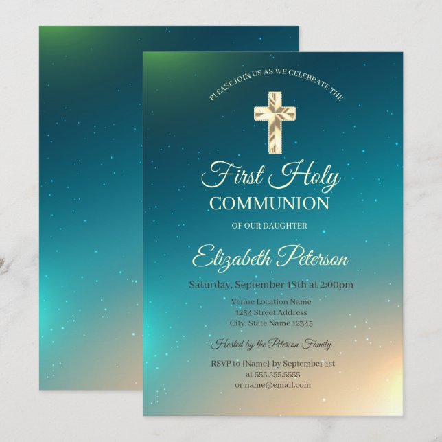 Invitación Cruz dorada Ombre  Primera Comunión  (Anverso / Reverso)