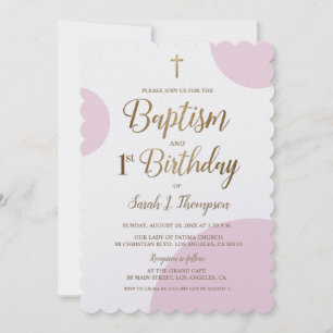 Invitación Cruz dorada para bautizo y 1er cumpleaños rosa
