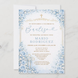 Invitación Cruz Dorada Religión Bautizo Español Floral Azul