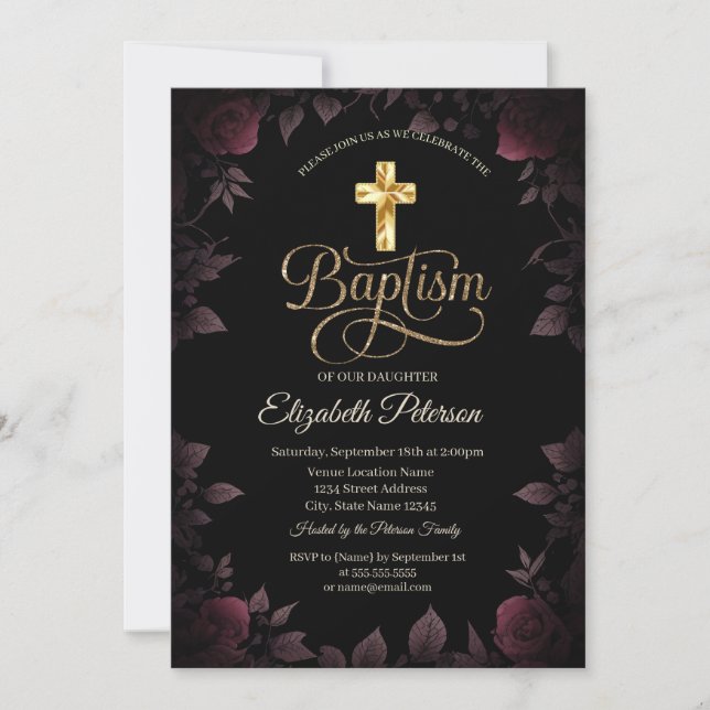 Invitación Cruz dorada rosas burdeos oscuras Bautizo (Anverso)