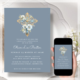 Invitación Cruz Floral Azul | Primera Comunión Sagrada