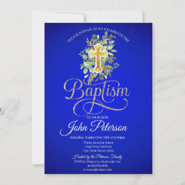 Invitación Cruz Floral Azul Real Bautizo