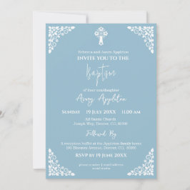 Invitación Cruz Floral Baptismo Cielo Azul
