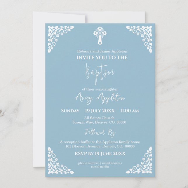 Invitación Cruz Floral Baptismo Cielo Azul (Anverso)