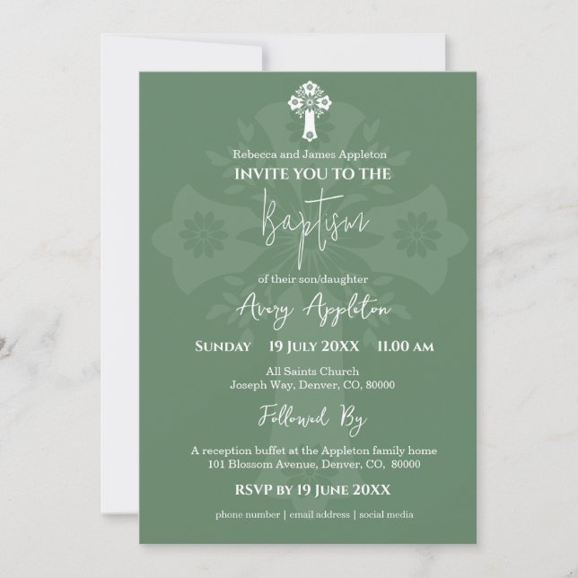Invitación Cruz Floral Baptismo Fern Green (Anverso)