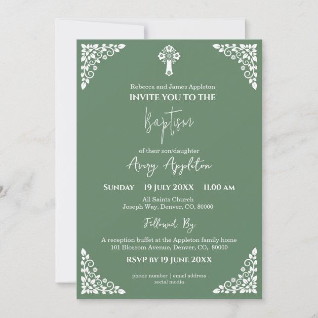 Invitación Cruz Floral Baptismo Fern Green (Anverso)