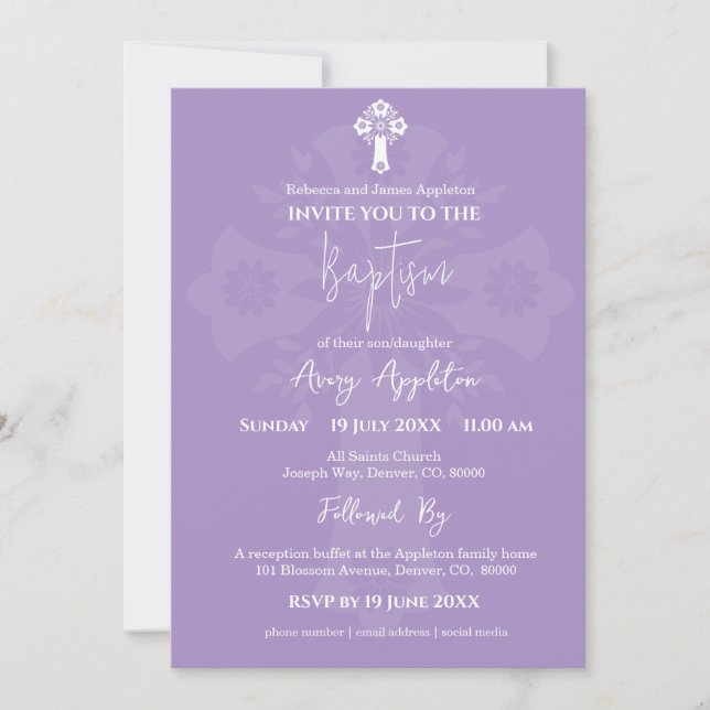 Invitación Cruz Floral Baptismo Lilac (Anverso)