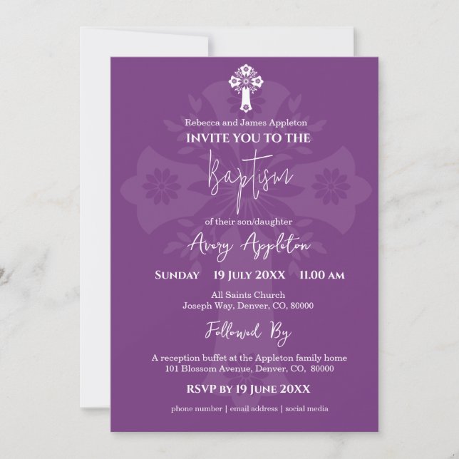 Invitación Cruz Floral Baptismo Pluma Dulce (Anverso)