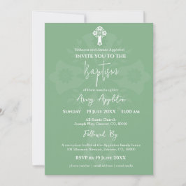 Invitación Cruz Floral Baptismo Sage Verde