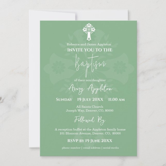 Invitación Cruz Floral Baptismo Sage Verde (Anverso)