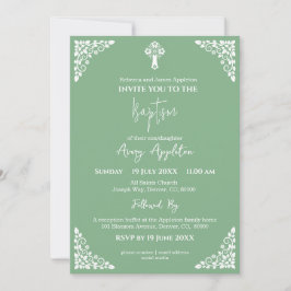 Invitación Cruz Floral Baptismo Sage Verde