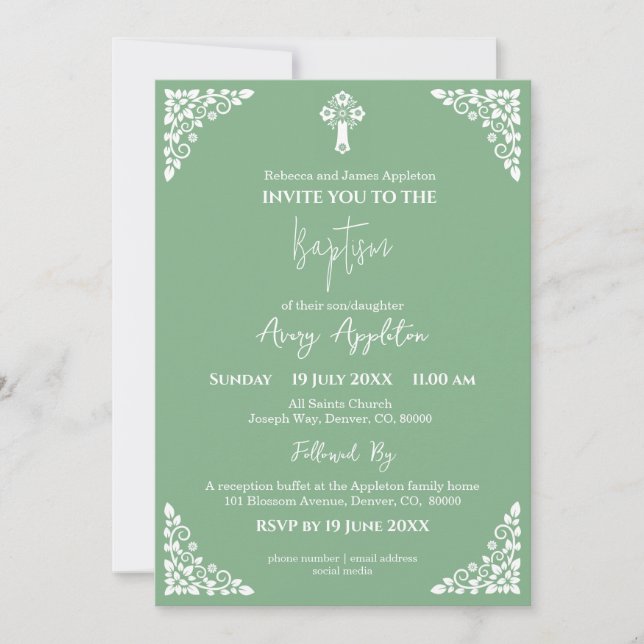 Invitación Cruz Floral Baptismo Sage Verde (Anverso)
