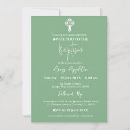 Invitación Cruz Floral Baptismo Sage Verde