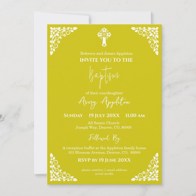 Invitación Cruz Floral Bautizo Amarillo (Anverso)
