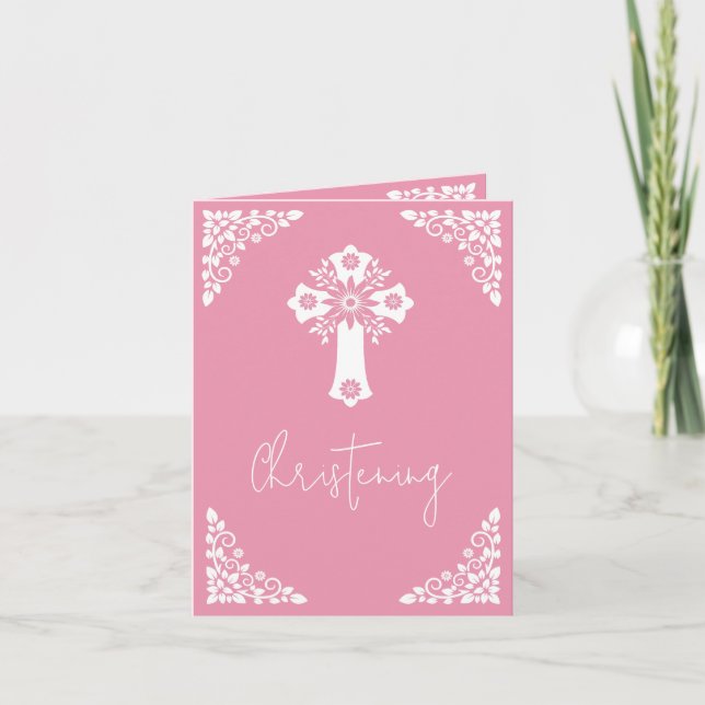 Invitación Cruz Floral Bautizo Rosa (Anverso)