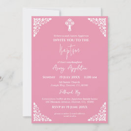 Invitación Cruz Floral Bautizo Rosa Rosado