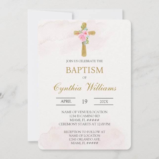Invitación Cruz floral beige bautizo (Anverso)