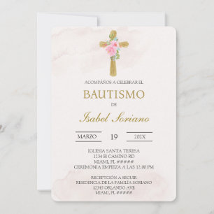 Invitación Cruz floral beige bautizo español