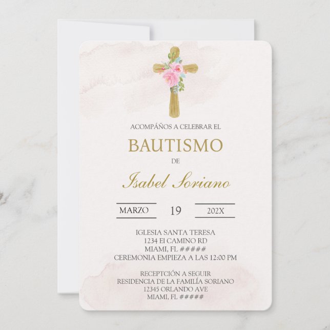 Invitación Cruz floral beige bautizo español (Anverso)
