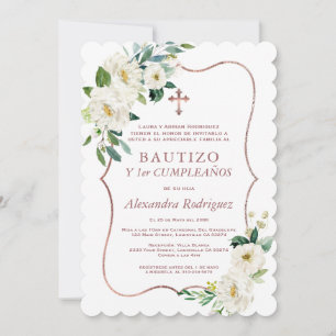 Invitación Cruz Floral Blanca Español Primer Bautismo de Cump