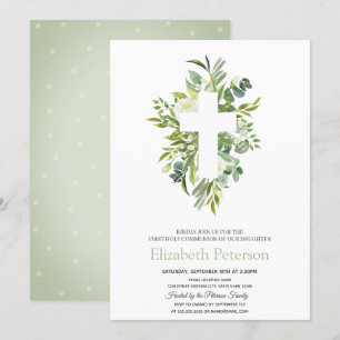 Invitación Cruz floral con hojas punteadas Primera Comunión