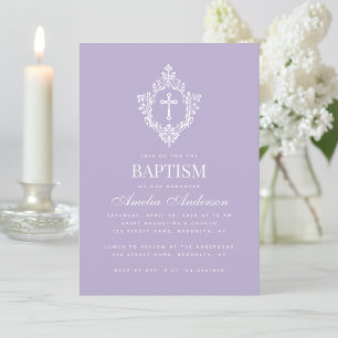 Invitación Cruz floral de bautismo de lavanda Cresta floral e