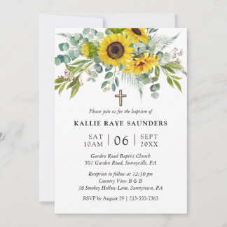 Invitación Cruz floral de girasoles elegantes de eucalipto Ba