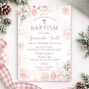 Invitación Cruz floral de invierno de oro rosa niña bautismo