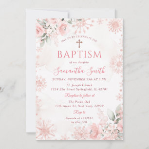 Invitación Cruz floral de invierno de oro rosa niña bautismo