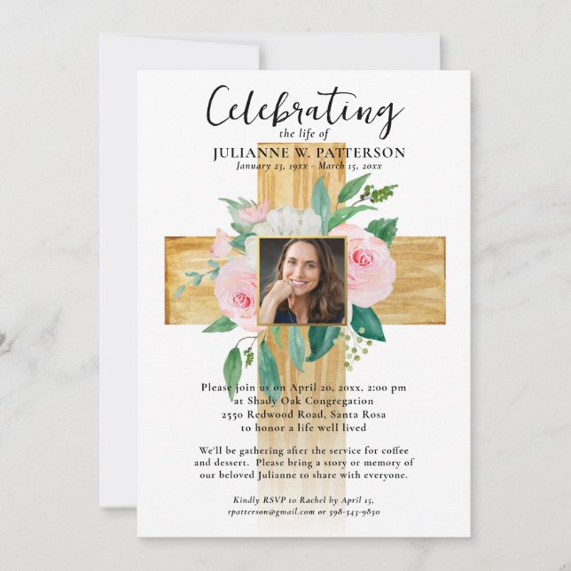 Invitación Cruz Floral de madera, fotos, celebración de la vi (Anverso)