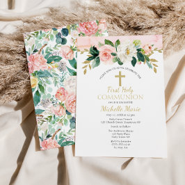 Invitación Cruz floral de oro rosa primero Chica de la Santa