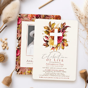 Invitación Cruz floral de otoño Celebración de la vida Funera