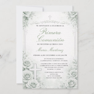 Invitación Cruz floral de Primera Comunión española verde sil