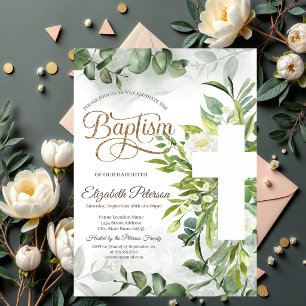 Invitación Cruz floral de vegetación de eucalipto Bautizo