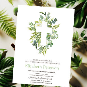 Invitación Cruz Floral Dorada Hojas Primera Comunión