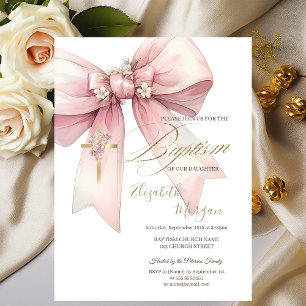 Invitación Cruz Floral Dorada Lazo Bautizo Rosa