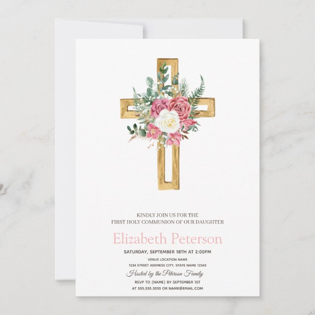 Invitación Cruz floral dorada Primera Comunión   (Anverso)