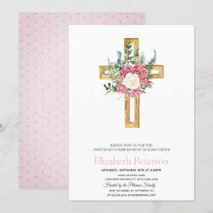 Invitación Cruz Floral Dorada, Primera Comunión de puntos