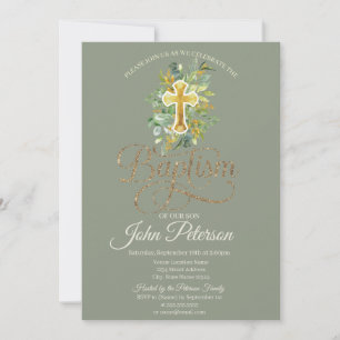 Invitación Cruz floral en verde salvia Bautizo