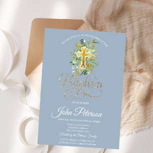 Invitación Cruz Floral Floral Bautismo Azul Polvoriento