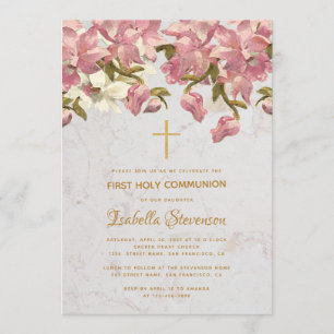 Invitación Cruz floral orquídeas rosadas mármol primera comun