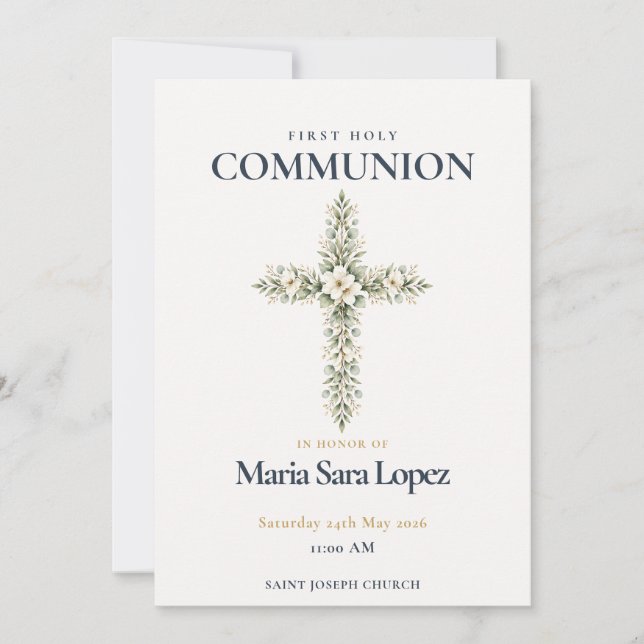 Invitación Cruz Floral Primera Comunión (Anverso)