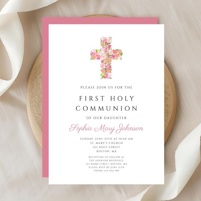 Invitación Cruz floral rosa Chica religioso Primera comunión (Pink Floral Cross Religious Girl First Communion Invitation)