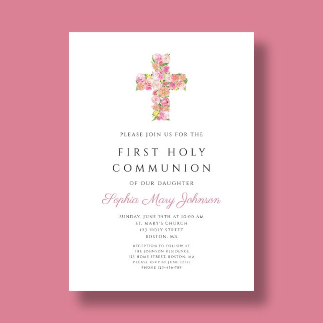 Invitación Cruz floral rosa Chica religioso Primera comunión (Pink Floral Cross Religious Girl First Communion Invitation)