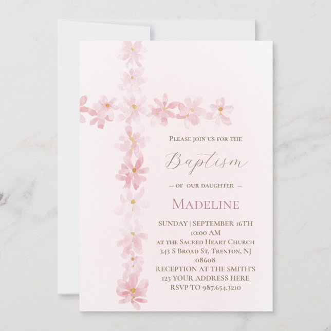 Invitación Cruz floral rosa de bautizo (Anverso)