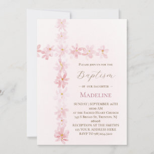 Invitación Cruz floral rosa de bautizo