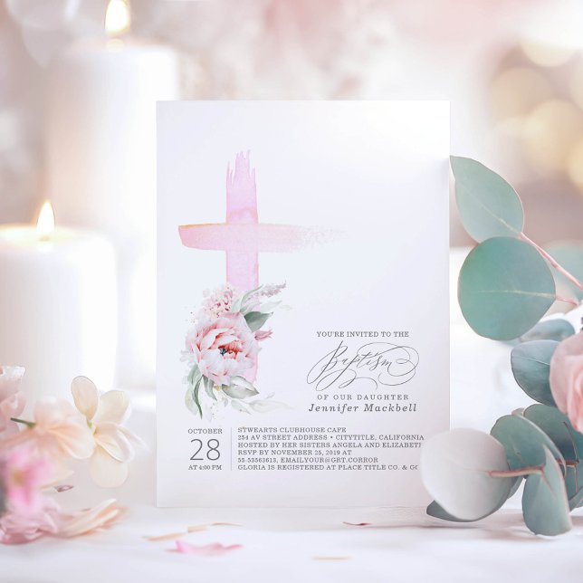 Invitación Cruz Floral Rosa Elegante Bautismo Chica Moderno (Soft Pink Floral Baptism Invitations For Girl's - Daughter's Baptism)