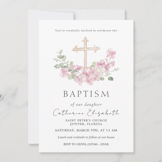 Invitación Cruz floral rosa Hojas de eucalipto Bautismo (Anverso)